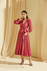 Silk Midi Dress with Pleated Skirt, Tie Waist, and Collared V-Neckline for Refined Styling